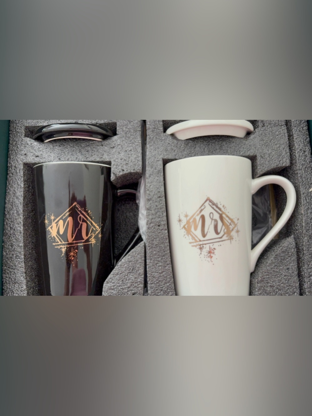 Set of Black and White Ceramic Mr. And Mrs. Mugs with lids
